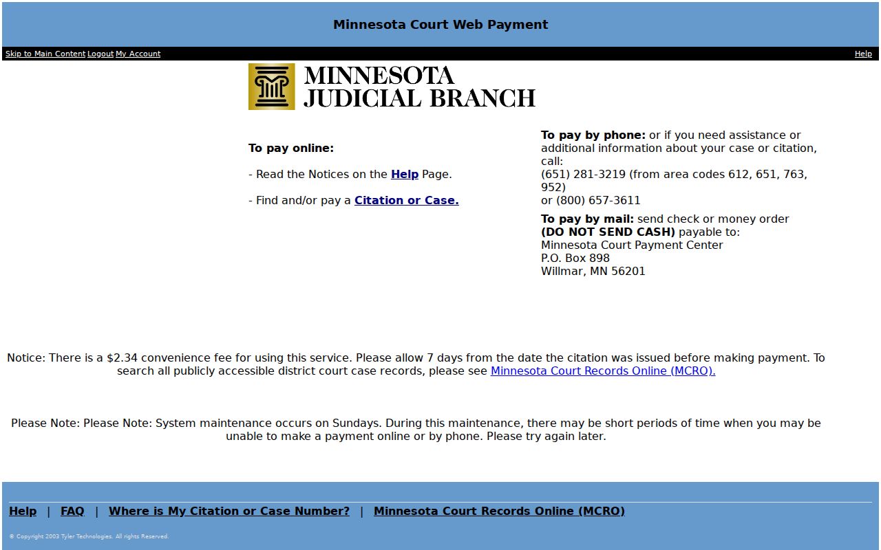 Minnesota court payment portal used to pay a Rice County traffic warrant fine