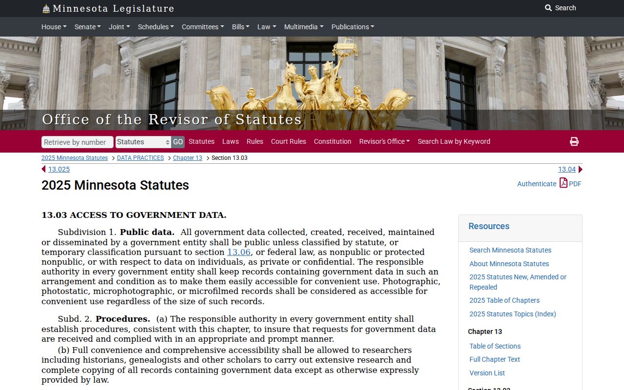 Minnesota public data statute page used for Rice County outstanding warrant record access