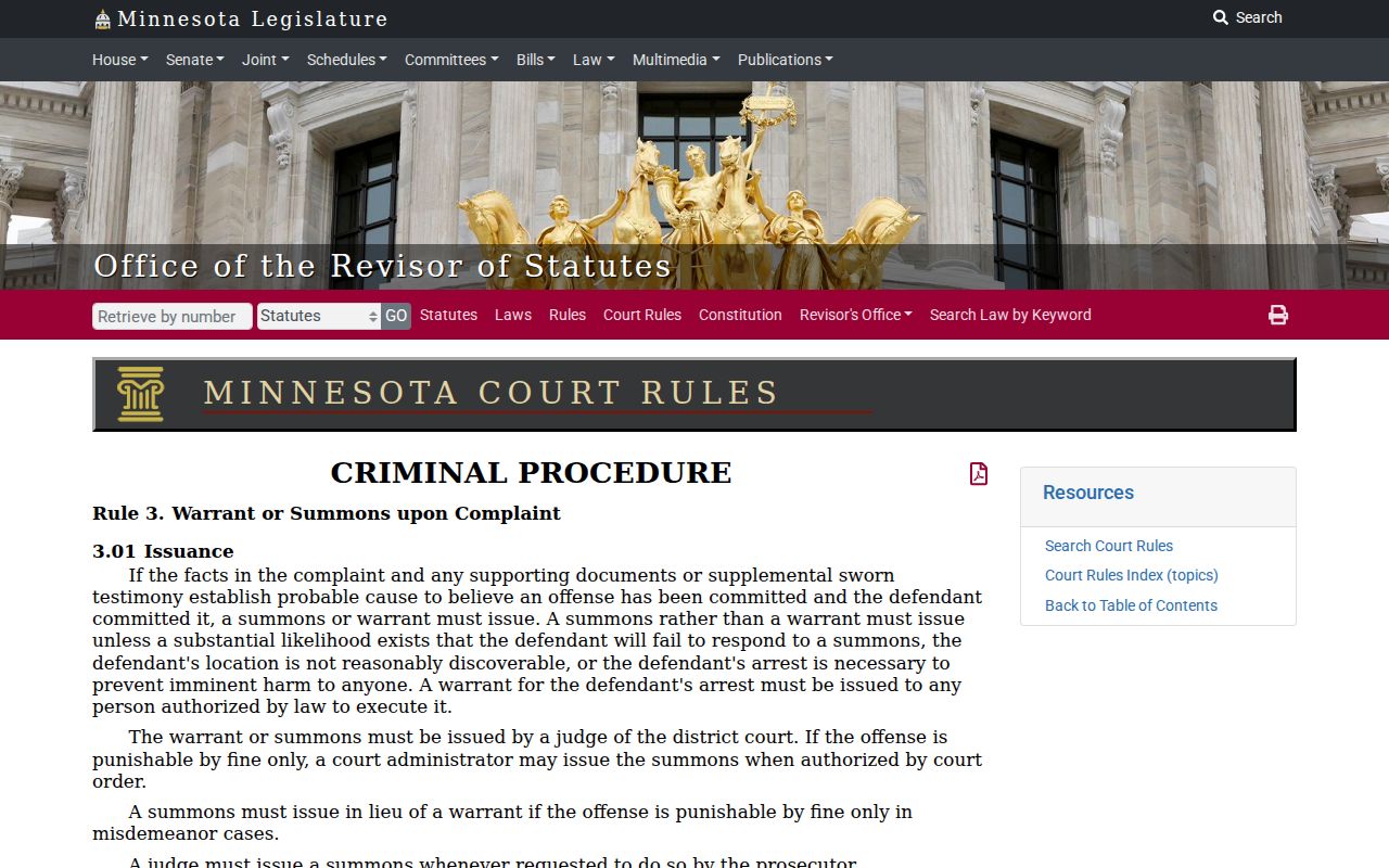 Minnesota Rule 3 court rule text governing Rice County arrest warrant requirements