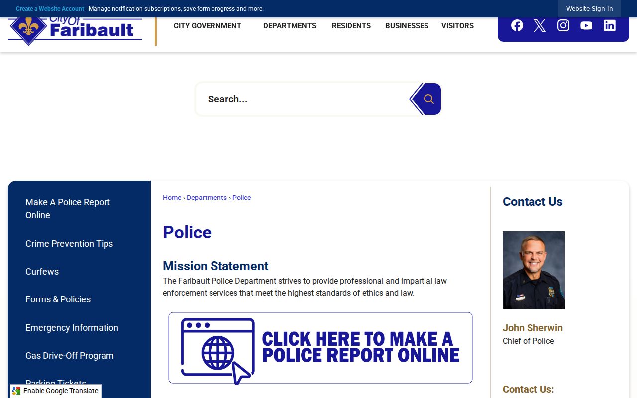 Faribault police contact page used for a Faribault warrant search