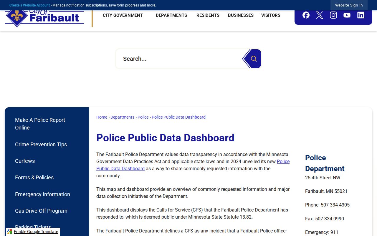 Faribault police public data dashboard showing city data used alongside a Faribault warrant search