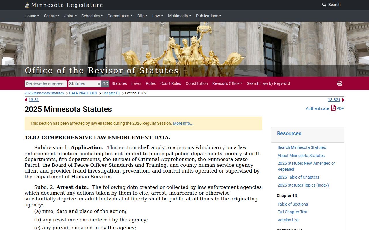 Minnesota arrest data statute page explaining public fields in a Rice County arrest warrant record
