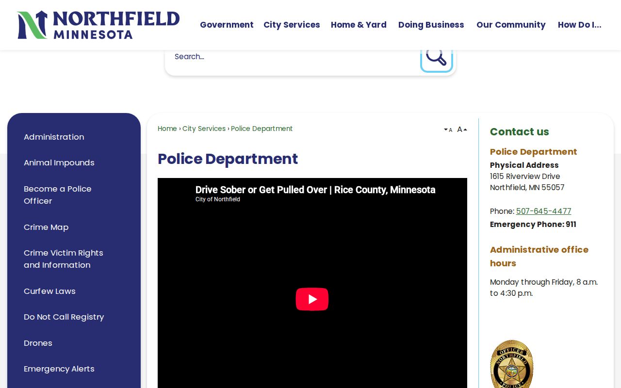 Northfield police contact page used for a Northfield warrant search