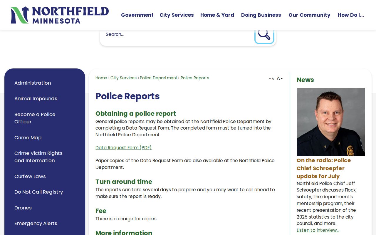 Northfield police report request page used with a Northfield warrant search