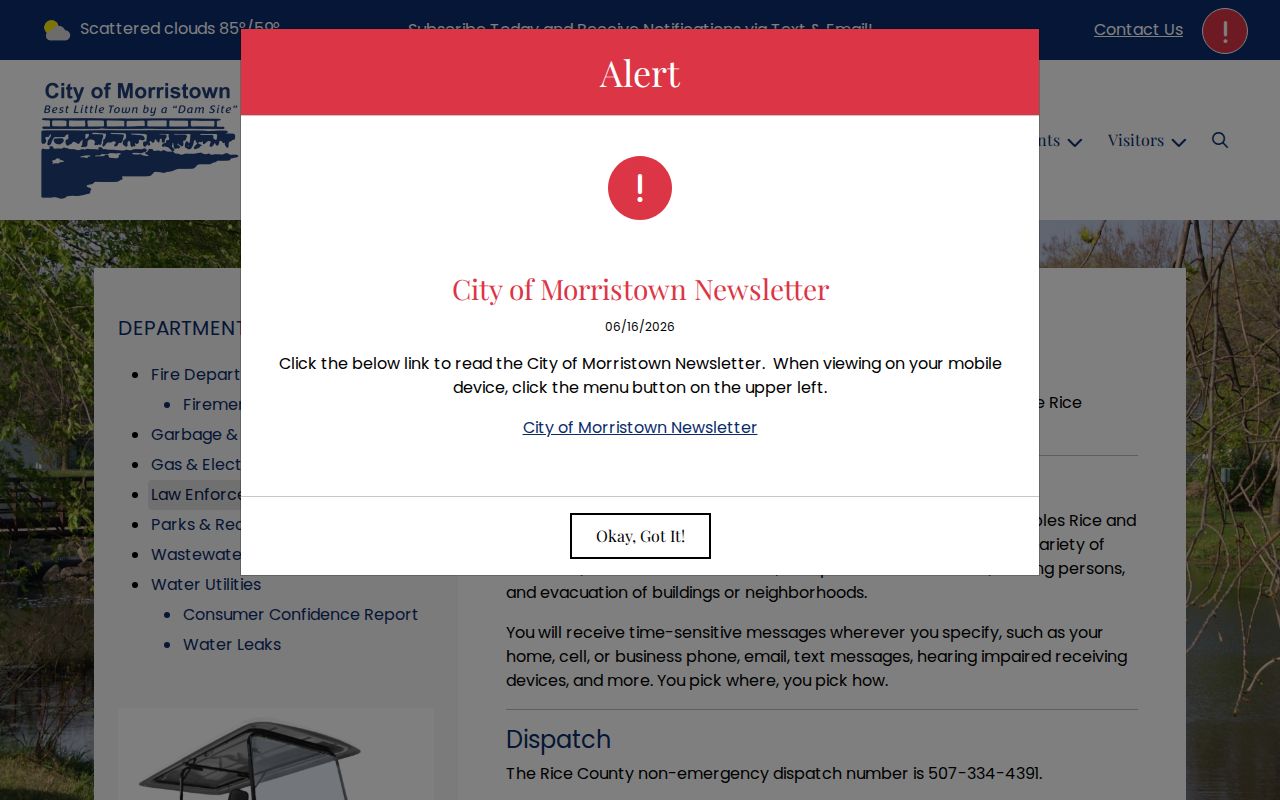 Morristown law enforcement page showing contract policing for a Morristown warrant search