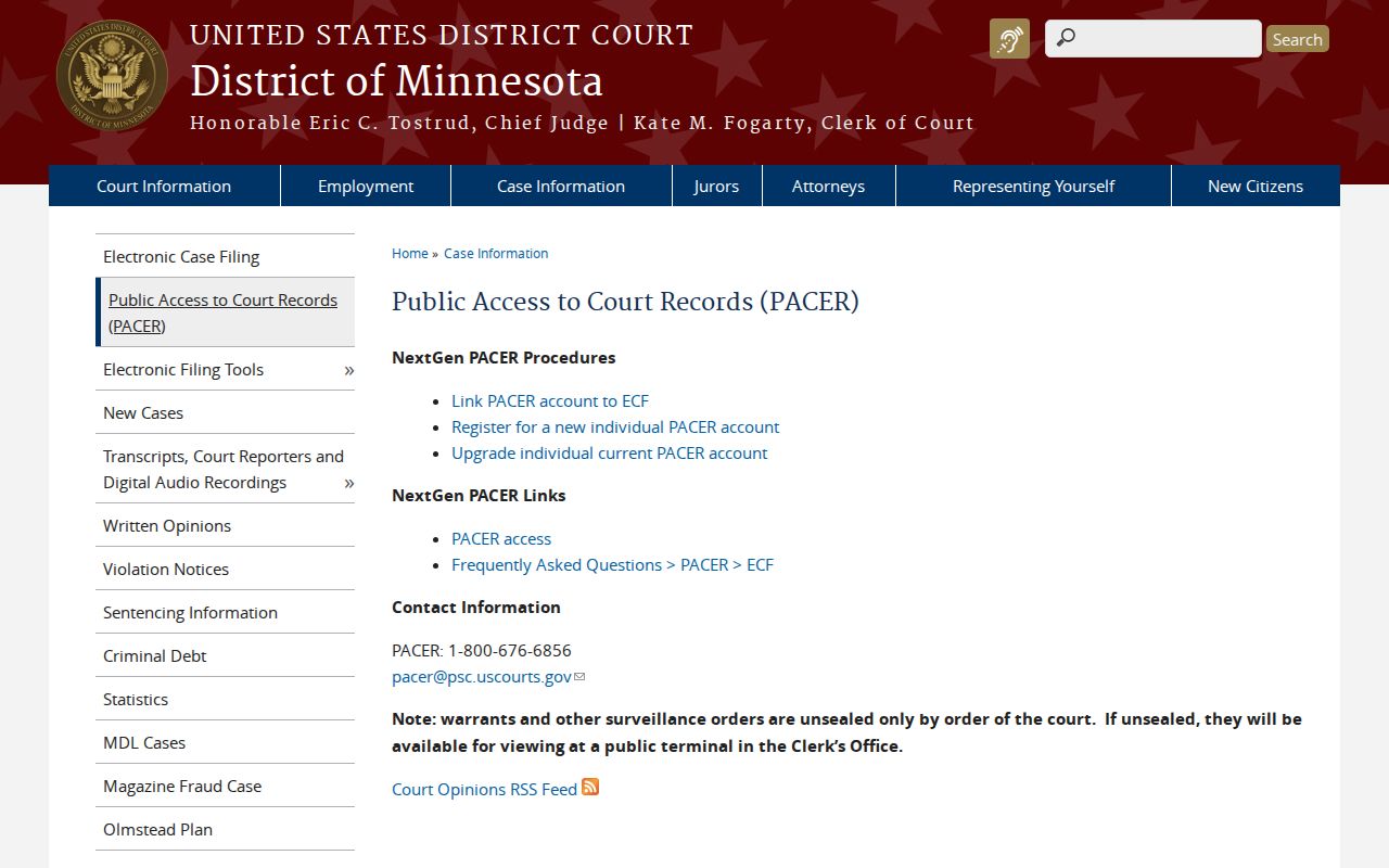 Federal District of Minnesota PACER page for checking a federal warrant connected to Rice County