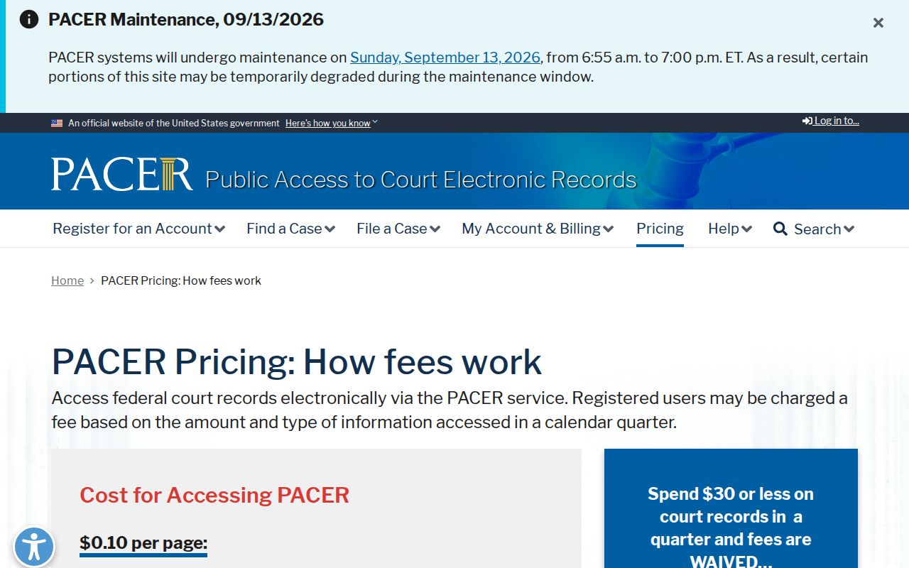 Federal PACER pricing page showing per-page access costs for a Rice County warrant records check