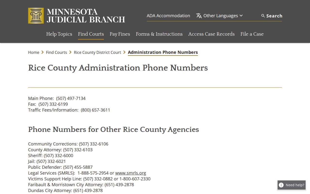 Rice County court contacts page showing the offices used for a Rice County municipal warrant check