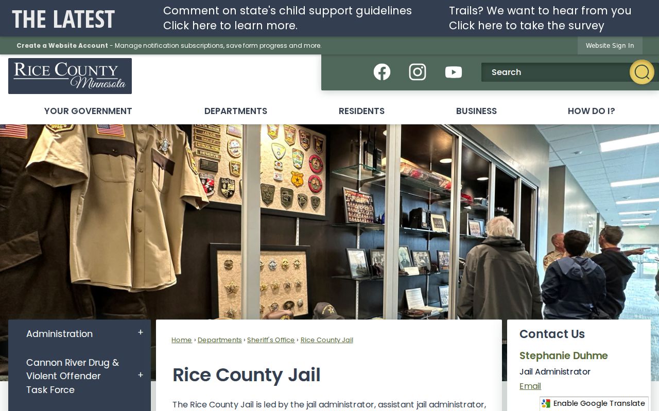 Rice County Jail page carrying the Active Warrants link for Rice County warrant records